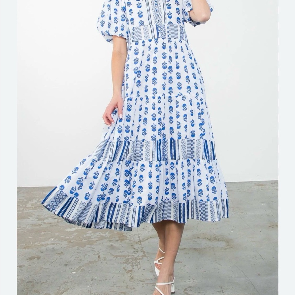 THML Boho Tiered Blue and White Floral Dress